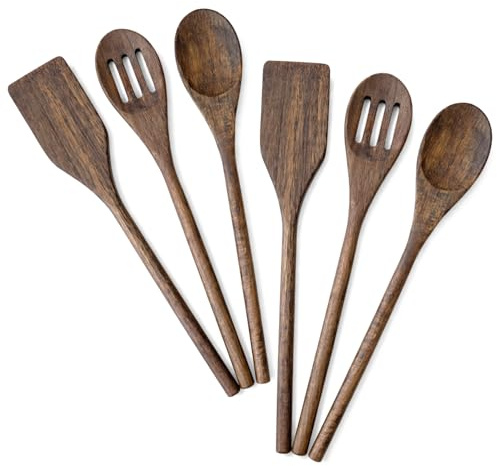 com-four® set utensili cucina 6 pezzi in legno di acacia – cucchiaio, spatola e cucchiaio forato – accessori robusti e delicati per padelle e pentole (acacia in 6 pezzi)