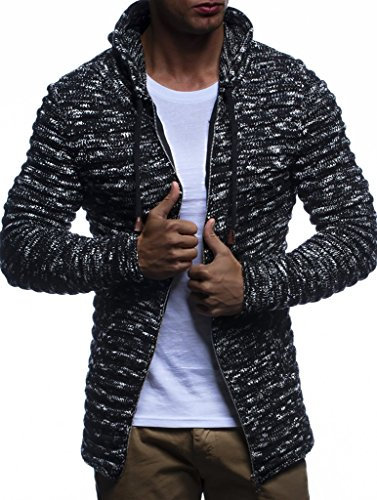 Leif Nelson Strickjacke Herren mit Kapuze & Reißverschluss (Schwarz, Größe L) - Strick Sweatjacke Männer Cardigan für Winter Baumwolle