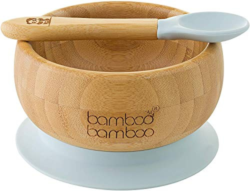 bamboo bamboo ® Set med babyskålar med sugfunktion och sked, 350 ml, grå – avtagbar sugbotten – BPA-fri avvänjningsskål i naturlig bambu för matning utan spill