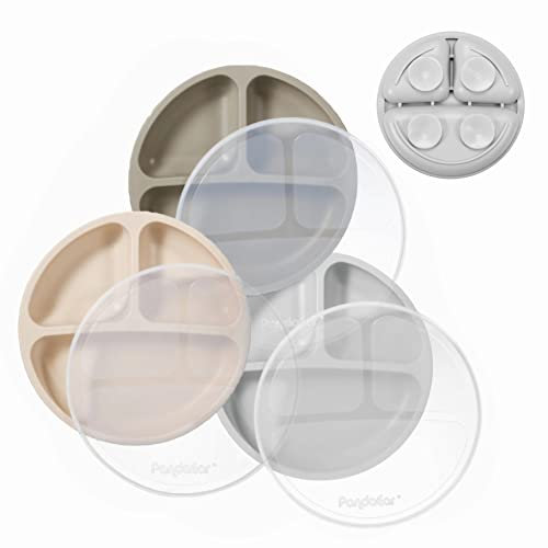 PandaEar Assiettes à succion en silicone pour bébés et tout-petits, lot de 3 assiettes divisées incassables avec couvercle - Lavable au lave-vaisselle et au micro-ondes (Gris Brun Crémeux)