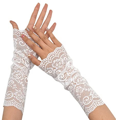 TeeYee Damen Spitze Handschuhen Halb Finger Lang Handschuhen Mesh Spitze Knigge Sommer Handschuhe Blume Pattern für Hochzeit Braut 114weiß