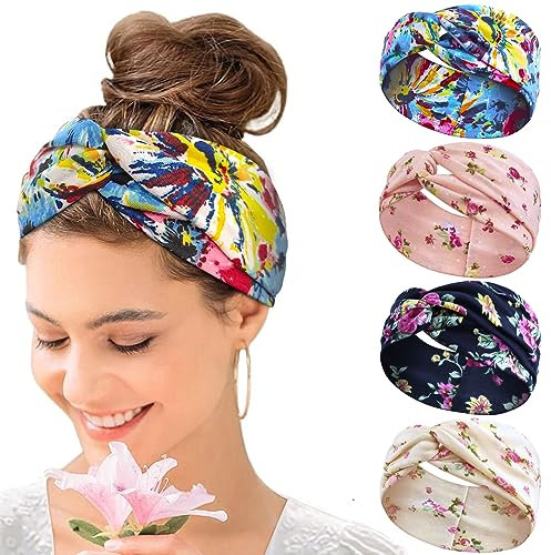 KAVYA 4 Pcs Boho Elastische Weiche Criss Cross Floral Haarbänder Damen Nicht Leicht Abzurutschen, Geeignet für Alltag Yoga Sport Fitness