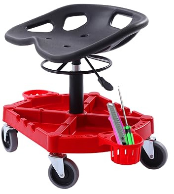 Rolling Work Stool,Rolling Garage Stool,330LBS Capacity,Adjustable Height from 19.69 in to 25 in,360-degree Swivel Wheels (4),Large Tool Tray with Two Bottle Holder,for Workshop,Auto Repair Shop