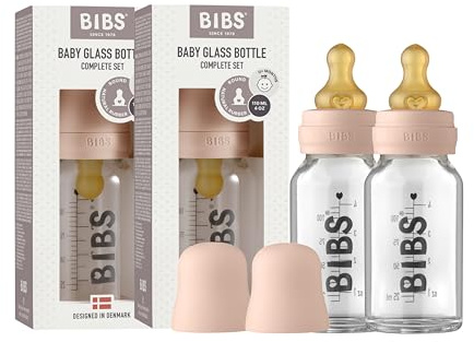 BIBS Baby Glass Bottle. Paquete de 2. Anticólicos. Tetina redonda de látex de caucho natural. Favorece la lactancia natural, Complete Set - 110 ml (Pack of 2), Blush