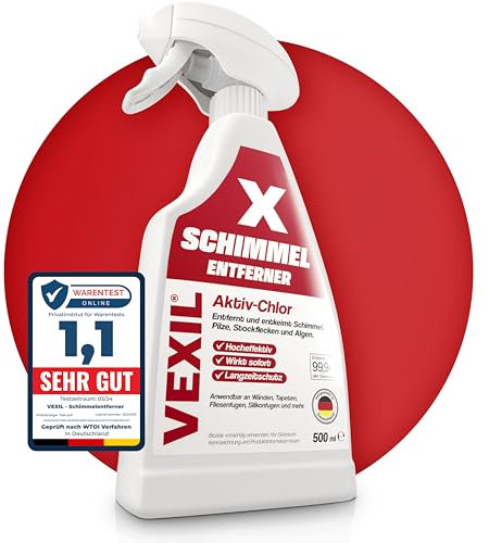 VEXIL Profi Schimmelentferner für Wand, Bad, Fliesen, Fugen & mehr – mit AKTIV-CHLOR und HAFTEFFEKT – Extra starkes Schimmelspray – auch als Fugenreiniger geeignet – 500 ml – Made in Germany