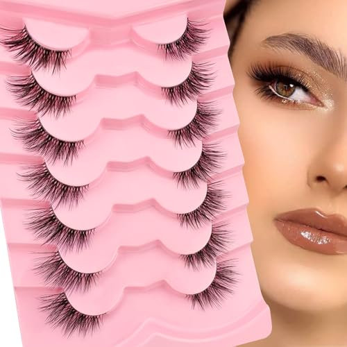 7 paires de demi-cils Clear Band Cat eye, 15mm Court Cat eye Cils artificiels look naturel, 1/2 coin Faux cils Set, 3/4 Corner Cils Réutilisables Cils de maquillage légers(7P-CZ-32)