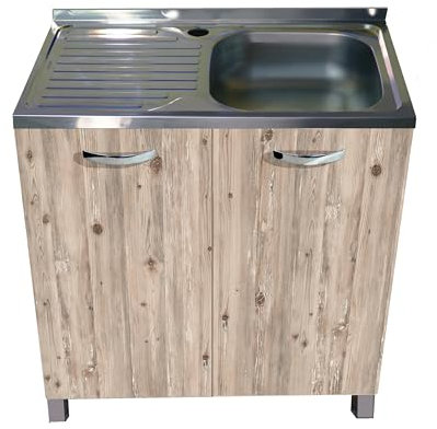 MABEL Mueble bajo fregadero de cocina con nudo organizador de madera ennoblecida con fregadero de apoyo de acero bañera a la derecha con escurridor – L 80 cm x P 50 cm x H 83,5 cm