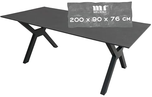 MR. DEKO Gartentisch Granada 200x90cm Esstisch Terrasse | Wetterfest Outdoortisch Dark-Grey Aluminium | Hochwertig Keramik-Tischplatte Gesinterter-Stein | Großer Balkontisch Gartenmöbel X-Gestell