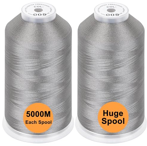 New brothread Set of 2 Polyester Machine Embroidery Thread Huge Spool 5000M for All Embroidery Machines - Silver