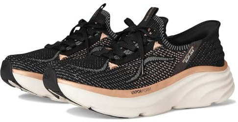Skechers Women's D'Lux Vapor Evening Glow Sneaker, Black Knit/Rose Gold Trim, 5 UK