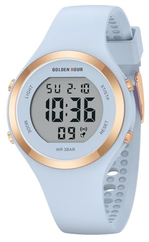 GOLDEN HOUR Reloj Digital Mujer, Resistente al Agua hasta 5 ATM, Deportivo, cronógrafo, Correa de Silicona, Reloj de Pulsera para Mujer con Fecha, Esfera Luminosa de fácil Lectura - Azul Claro