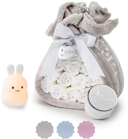 Tarta de Pañales con Lámpara Luz Nocturna Bebé | Manta Polar Personalizada + Chupete + 15 Pañales Moltex | Regalo Recién Nacido Baby Shower Nacimiento (Neutro) | BebeDeParis