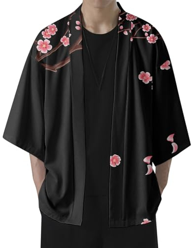 WAZHAKU Kimono para hombre, kimono japonés, cárdigan, ropa tradicional japonesa, disfraz haori, chaqueta de verano, túnica taoísta, chaqueta de manga larga, chaqueta con estampado sakura, camisón,