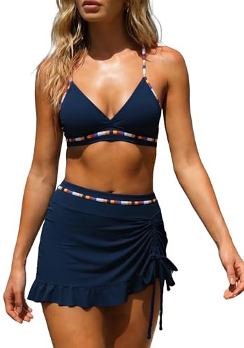 SNUOEN Ensemble Bikini Femme Sexy - Décolleté en V, Haute Taille à Cordon Ajustable et Motif Bloc de Couleur Deux Pièces Bademode pour Femmes