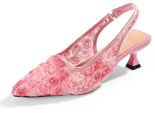 Elegant Lace Kitten Heels for Women - Slingback Pointed Toe Floral Mesh Dress Shoes - Low Heel Formal Wedding Guest Party Sandals, Pink, 4.5 UK