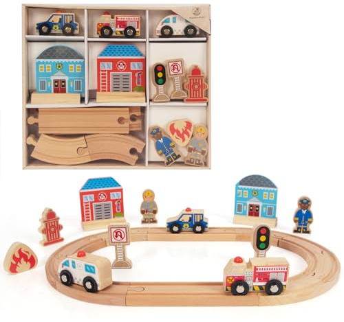 WoodenFun Holz Schiene Wagen Set Landwirtschaft, städtische Gesundheit Thema Kinder Spielzeug Holz Eisenbahn 3 4 5 Jahre (Polizei)
