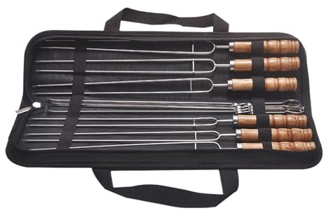 Brochetas de metal para barbacoa – 10 pinchos de acero inoxidable con mango de madera – Utensilios planos largos para barbacoa con mango de madera de acero inoxidable para carne y pollo