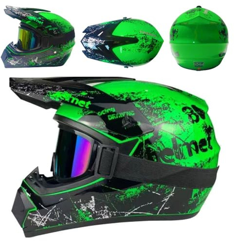 Casque de Motocross pour Enfant, avec Lunettes, Gants, Masque, Casque IntéGral pour Moto Tout-Terrain, Scooter, Certifié Dot(F Green,L(56-57cm))