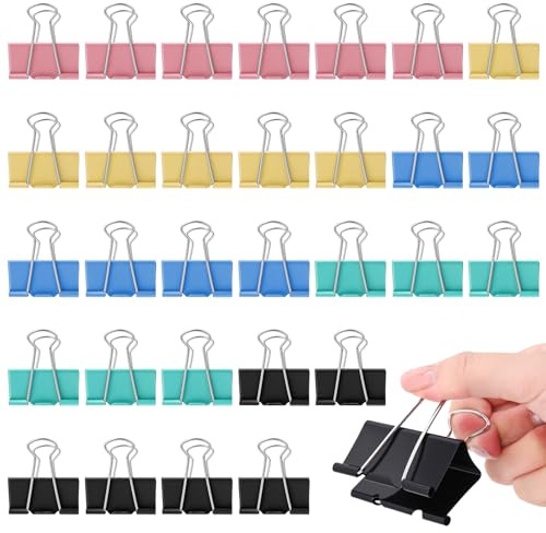 30 Pcs Large Foldback Binder Clips, 51 mm Colorful Binder Clips Paper Clips Metal Black Foldback Clips Clamps Stationary Clips Paper Binder Clip for School,Home Supplies