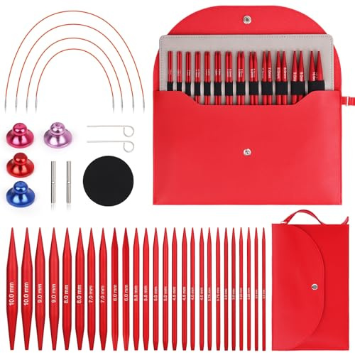 Coopay 13 Paires Aiguilles Circulaires Tricot Interchangeable de 3,0-10,0mm, Aiguille à Tricoter en Aluminium, Kit Tricot Debutant, Aiguille Circulaire Tricot pour Layette, Pull, Écharpe - Rouge