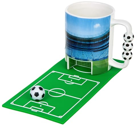 SPRINTIGO Taza Fútbol con Portería, Regalos Futboleros para Niños, Taza 3D, Posavasos de Campo de Juego y Mini Balón, 300 ml