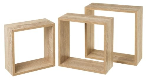 Set de 3 estantes de pared cuadrados roble claro de 30x30, 27x27 y 24x24 cm | Fabricados en MDF Laminado PVC. Peso Máximo Soportado 5 Kg. Diseño Flotante. Requiere Montaje