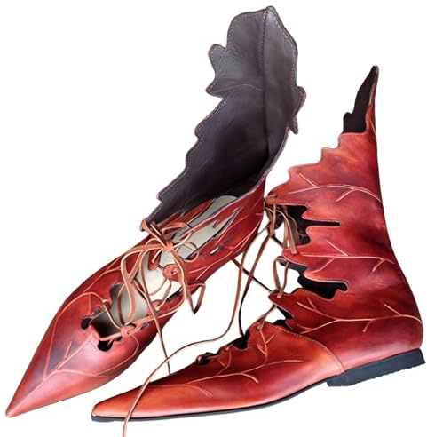 Generisch Women's Ankle Boots Lace-Up Styled with Leaf Look Ankle Boots Cutouts and Pointed Shape Imaginative Footwear for Cosplay Festivals Costume Occasions