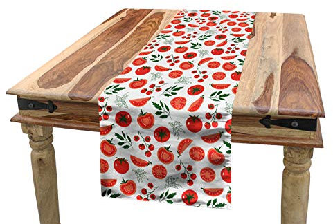 ABAKUHAUS Essen Tischläufer, Vegetarian Lifestyle Tomaten, Esszimmer Küche Rechteckiger Dekorativer Tischläufer, 40 x 180 cm, Vermilion Grün und Weiß