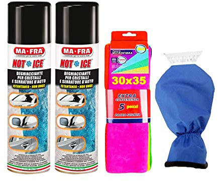 Set 2 Confezioni Mafra, Not Ice, Deghiacciante Spray ad Effetto Immediato, Adatto per Ogni Genere di Vetro e Cristallo dell'Auto, Formato 300ml - Paletta raschia Ghiaccio-5 Panni Microfibra 30x35 cm
