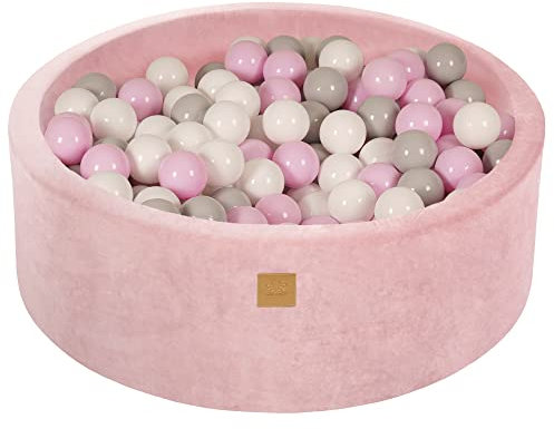 MEOWBABY Soft Foam Rundes 90 x 30 cm Bällebad mit 200 Stück Bällen für Babys & Kleinkinder - Baby-Laufstall Essentials, Schaumstoff Bällebäder für Kinder, Samt, Puderrosa, Pastellrosa/Grau/Weiß