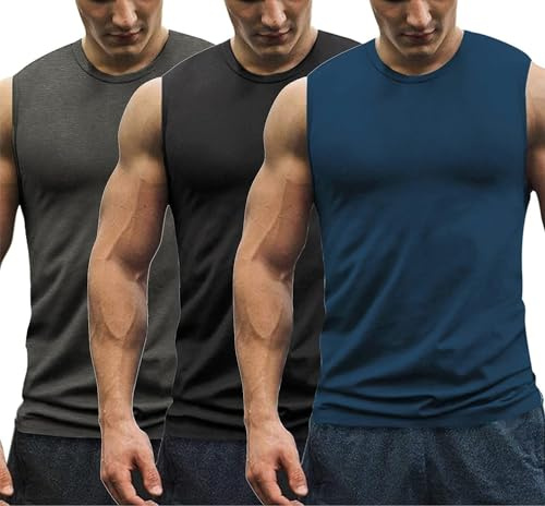COOFANDY Chalecos Masculinos Fitness 3 Juegos Camisetas Sin Mangas Vest Entrenamiento Tshirts Carrera Verano Tank Top Secado RáPido Blusas Negro/Gris oscuro/Azul XL