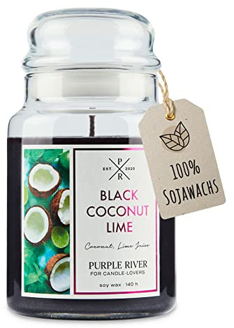 Purple River Große Duftkerze im Glas mit Deckel |Black Coconut Lime | Duftkerze Kokos | Kerzen lange Brenndauer | Sojawachskerze | Raumduft für Zuhause