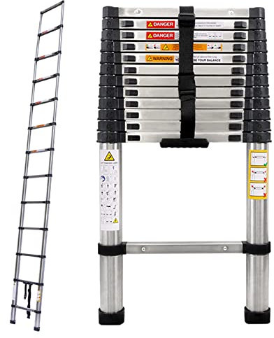 Stainless Steel Telescoping Ladder - 12.5ft/3.8m Heavy Duty Collapsible Ladder with Non-slip Feet - 330 lbs Capacity