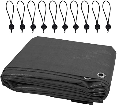 1.5 x 2 m Tarpaulin Waterproof Heavy Duty Cover Camping Ground Sheet Caravan Furniture Multipurpose + 10 Bungee Balls (Grey – 200 GSM)