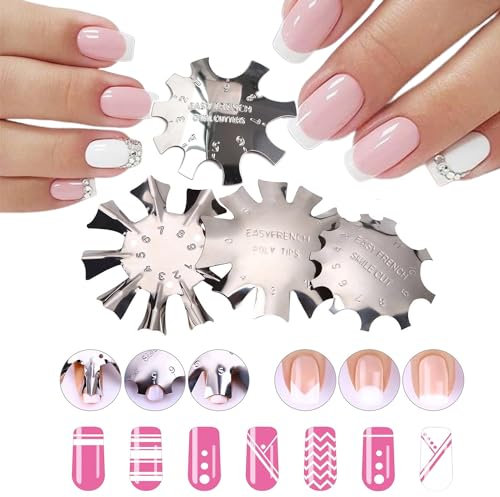 4 Stücke Edelstahl Rand Trimmer French Smile Line Maniküre Werkzeug Set,French Nails Schablone,kantenschneider Metall Schablone Cutter,für Acryl UV Polyacryl Gel Modellage,DIY Nail Art (Silberne- 4)