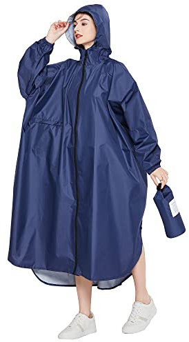 Regenjacke Damen Unisex mit Versiegelte Nähte,Lang Loser Ärmel,Leichte Wasserdicht und Atmungsaktiv,eine große Fronttasche,Urchgehender Reißverschluss Schließung Blau