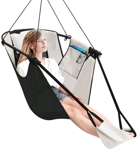 Chihee Hängesessel mit Fußstütze,U-förmige Metallrahmen Hängematte Stuhl,Langlebiges Oxford-Gewebe Teslin Schaukelstuhl mit Seitentaschen-Kopfkissen Karabiner Starke Unterstützung und Atmungsaktivität