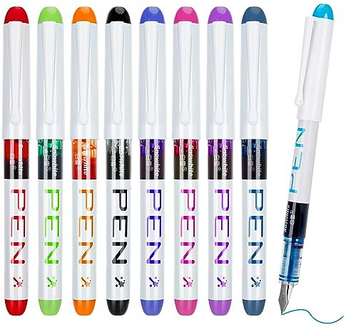 FRIUSATE 9 Colored Fountain Pens Disposable for Writing EF Nib Multicolor Ink Fine Point Pen Set Smooth Writing for Journaling Sketching Lettering Text Highlighting Calligraphy Office College School