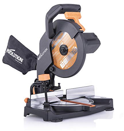 Evolution Power Tools R210CMS Compound Miter Saw, 8-1/4 Multi-Material Cutting TCT Blade Included Cuts Wood Metal Plastic & More, 45° - 45° Degree Miter & 45˚ Degree Bevel Angles, 1200W, 8-1/4