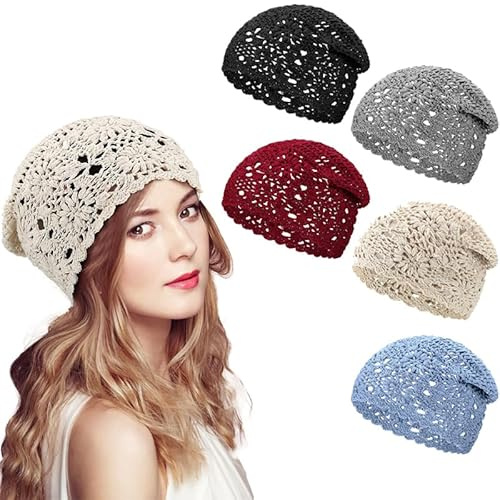 Rivweten 1 Pc Women Crochet Hat Slouchy Knit Beanie Cotton Handmade Knit Hat Summer Winter Soft Comfortable Floral Skull Cap (UK, Alpha, One Size, Beige)
