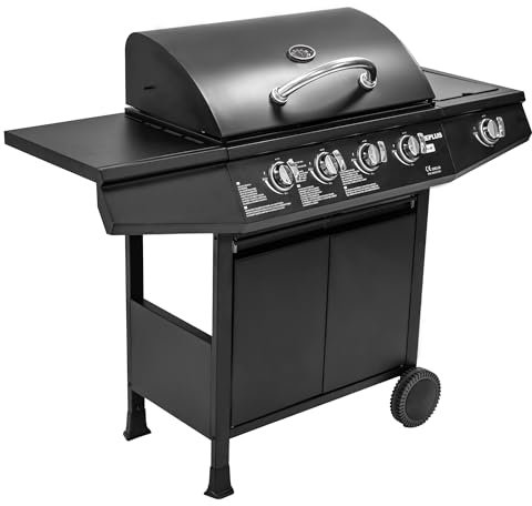 Amig - Barbacoa de gas Fireplus 4+1 de 9,3 kW - Acero inoxidable Negro - Parrilla con ruedas Modelo GRILL-4F - Barbacoa XXL con carro y termómetro - 126x52x103 cm - 5 quemadores y Bandeja lateral