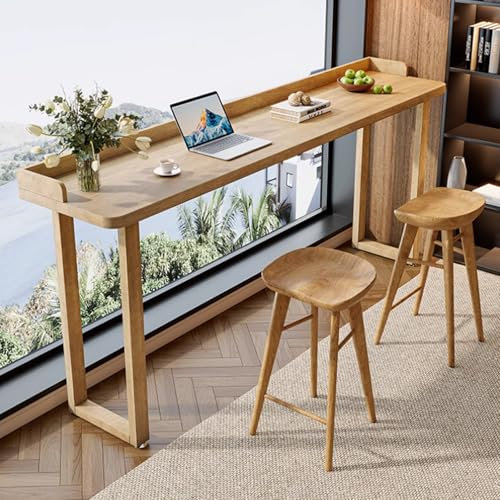 Mesa de bar rectangular Escritorio de madera maciza,Mesa de bar industrial para comedor Con valla,Mesa de comedor larga y angosta Mesa de cocina,Mesa de bar exterior moderna,Sin taburete(120*40*105cm/