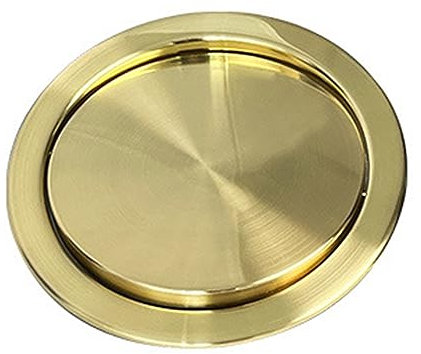 Elegante cubo de basura dorado con tapa integrada y solapas oscilantes, diseño orbicular de acero inoxidable, ideal para uso versátil en escritorio o en el baño