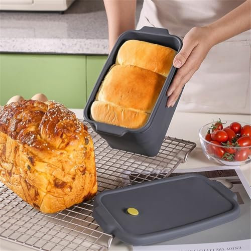 EasyByMall Teglia per pane e pagnotta in silicone, pieghevole, antiaderente, con coperchio, grigio, per cuocere pagnotte, 22,5 x 12,5 x 12,5 cm