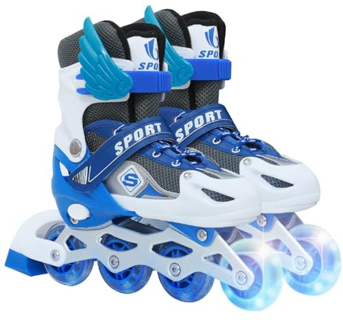 FALANZATH Rollschuhe, Inliner Roller Skates mit 3 Größen Verstellbar, LED Rädern, Mehrere Größenoptionen, Inlineskates für Kinder Jungen Mädchen (Blau, S (26-32 EU / 170-203 MM))