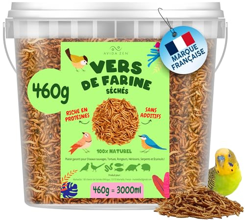 AVIDA ZEN vers de Farine Séchés 460g - 3L de friandises - Aliment Naturel Riche pour Poissons, Oiseaux, Tortues, Hérissons, Rongeurs et Reptiles - Nourriture Animale Séchée