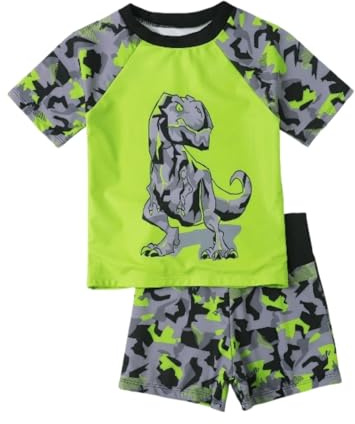 Generisch Costume da bagno per bambini ragazzi ragazzi dinosauri stampa raglan costume da bagno bambino manica corta rashguard nuoto set con 3, verde, 8-9 Anni