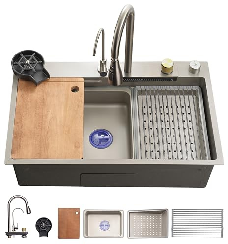SereneLife Évier de Cuisine en Acier Inoxydable | Évier Durable avec Étagère de Drainage, Panier à Filtre, Plateau pour Évier, Planche à Découper et Lave-Tasses | Design Élégant et Moderne | 29.5L