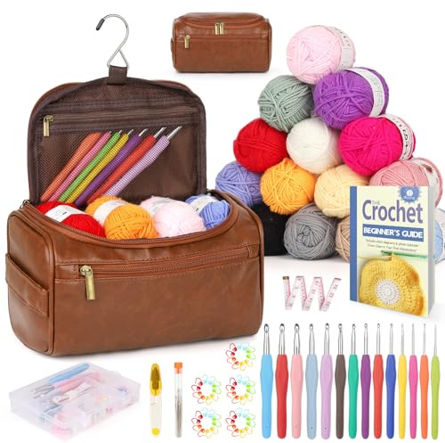 Reessy 93Pcs Crochet Kits for Beginners Adults, Complete Crochet Kit with Instruction 15Pcs × 25g Crochet Yarn Ergonomic Metal Crochet Hooks Set 2.0-10.0mm Storage Bag, Crochet Starter Kit-Brown