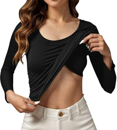 T-shirt à manches longues sans coutures avec soutien-gorge intégré pour le yoga, le fitness, le confort quotidien, Noir , M